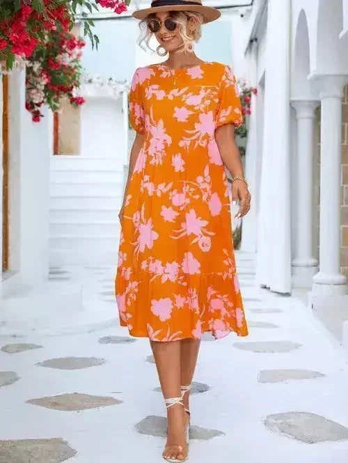 Floral Puff Sleeve Ruffle Hem Midi Dress - Femstylo