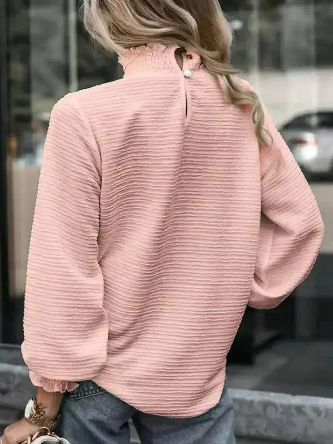 Smocked Frill Mock Neck Long Sleeve Blouse - Femstylo