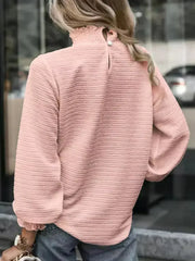 Smocked Frill Mock Neck Long Sleeve Blouse - Femstylo