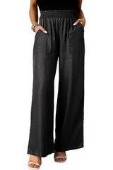 Black Side Pockets Frilled Smocked High Waist Wide Leg Jeans - Femstylo