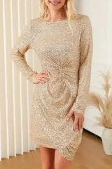 Twisted Long Sleeve Ruched Mini Sequin Dress - Femstylo