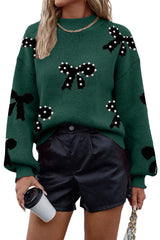 Blackish Green Pearl Embellished Bow Pattern Loose Sweater