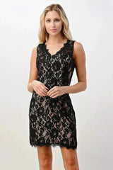 Sleeveless Lace Overlay Dress with Scalloped Edges - Femstylo