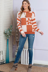 Brown 60s Floral Checkered and Striped Knitted Pullover Sweater