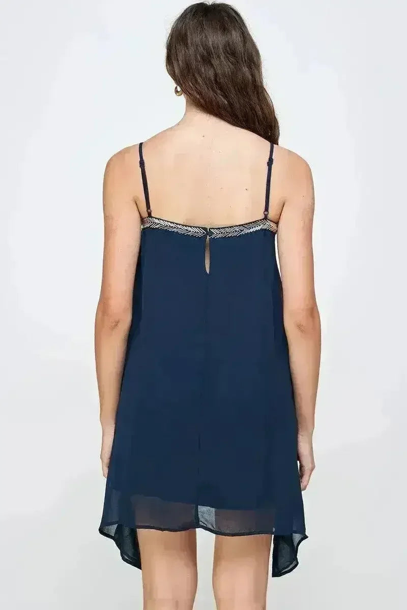 Flowy Sleeveless Mini Dress with Metallic Accents - Femstylo