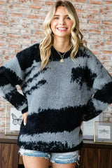 First Love Full Size Abstract Pattern Contrast Feather Yarn Sweater - Femstylo