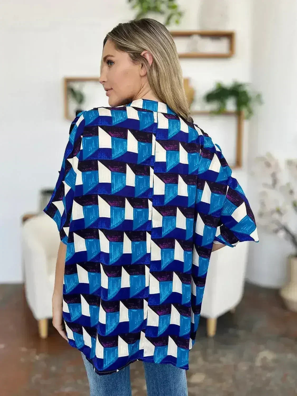 Geometric Notched Sleeve Blouse - Versatile Top | Femstylo - Femstylo