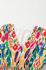 Sky Blue Abstract Print V Neck Dolman Sleeve Ruffle Tiered Mini Dress - Femstylo