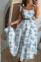 Sky Blue Floral Print Smocked Knot Shoulder Sleeveless Midi Dress - Femstylo