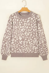 Gray Leopard Spots Pattern Ribbed Trim Drop Shoulder Sweater