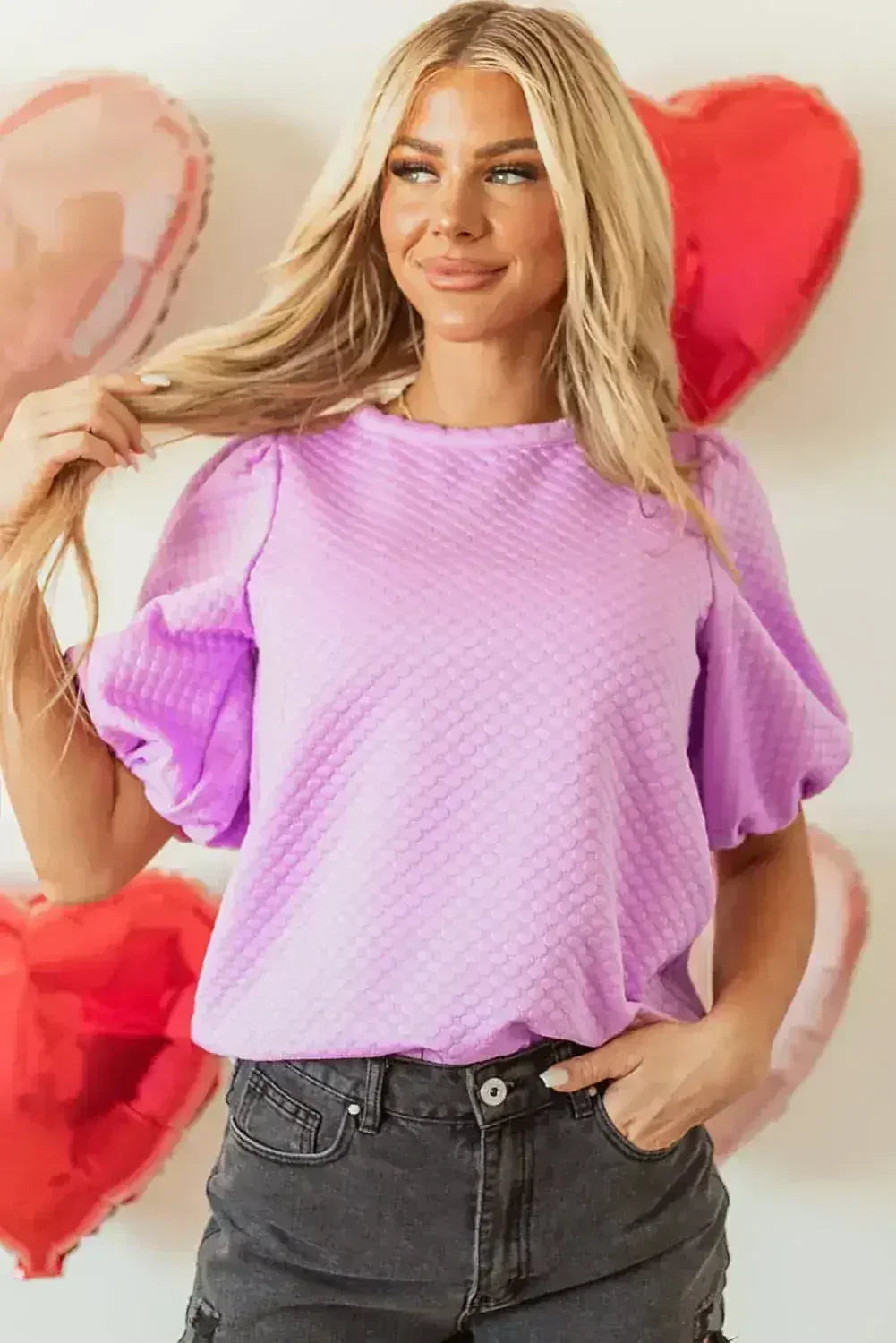 Phalaenopsis Puff Sleeve Blouse - Textured O-Neck Top | Femstylo - Femstylo