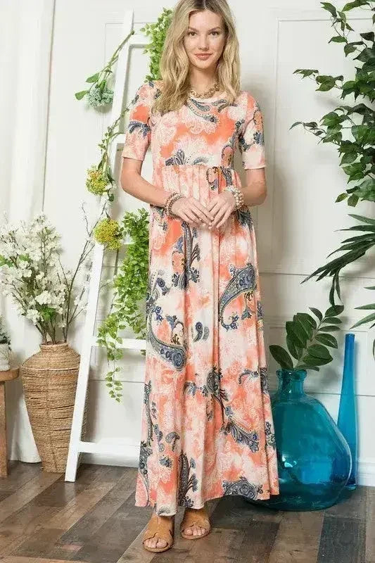 Celeste Paisley Print Short Sleeve Maxi Dress with Pockets - Femstylo