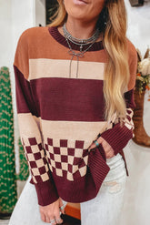 Brown Checkered Colorblock Knitted Drop Shoulder Sweater