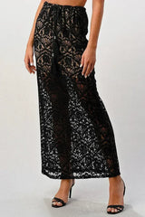 Sheer Lace Maxi Skirt with Drawstring Waist - Femstylo