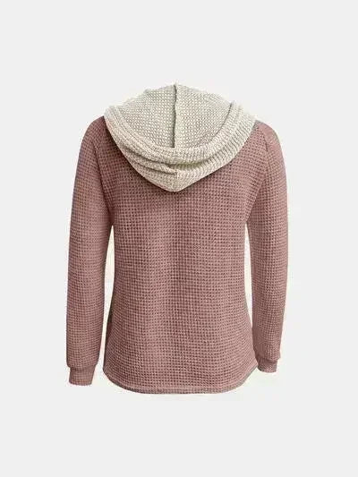 Full Size Waffle-Knit Contrast Long Sleeve Hoodie - Femstylo