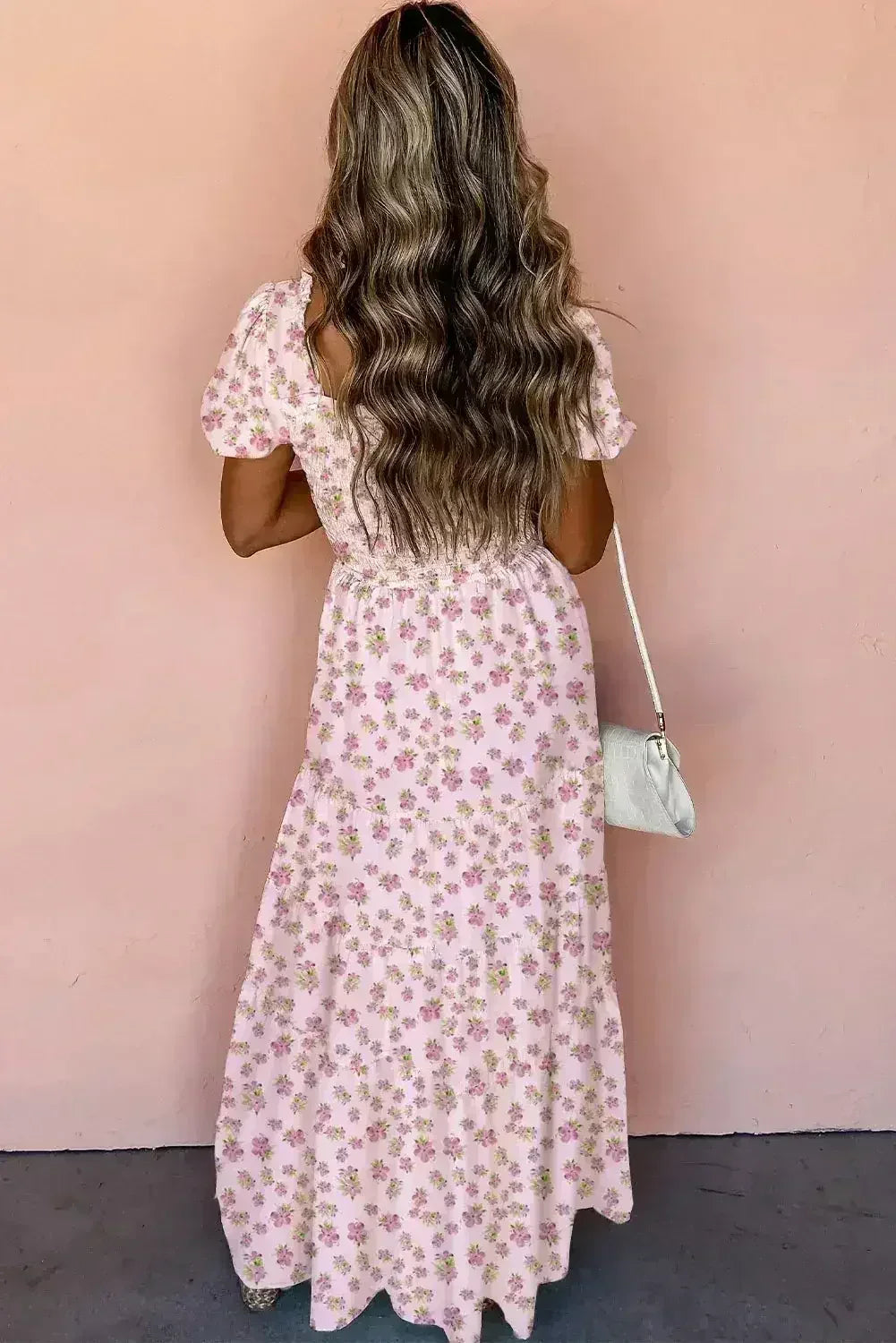 White Frill Neckline Shirred Bodice Floral Maxi Dress - Femstylo