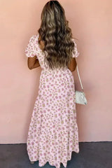 White Frill Neckline Shirred Bodice Floral Maxi Dress - Femstylo