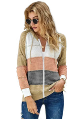 Womens Multicolor Zipped Front Colorblock Hollow-out Knit Hoodie - Femstylo