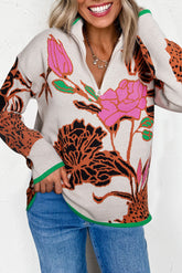 Khaki Contrast Trim Floral Pattern Quarter Zip Stand Neck Sweater