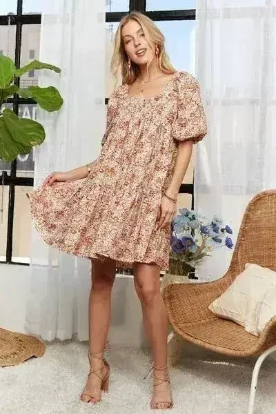 ADORA Floral Square Neck Puff Sleeve Dress - Femstylo