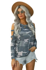 Camouflage Shoulder To Hollow Out Long Sleeve Top - Femstylo