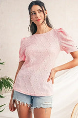 White Embroidered Floral Geometric Button Short Sleeve Top | Femstylo - Femstylo