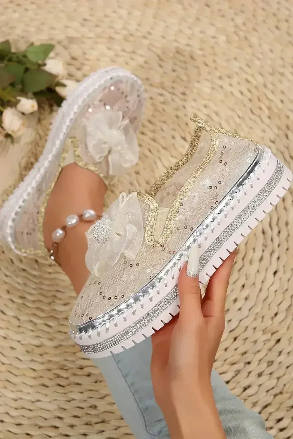White Sequin Bow Thick Sole Casual Shoes - Femstylo
