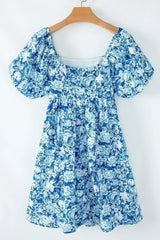 Blue Floral Puff Sleeve Babydoll Mini Dress - Femstylo