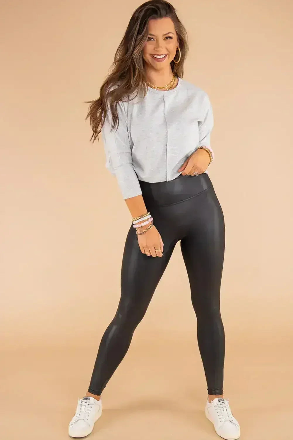 Black Piping Trim Sleek Leather High Waist Leggings - Femstylo