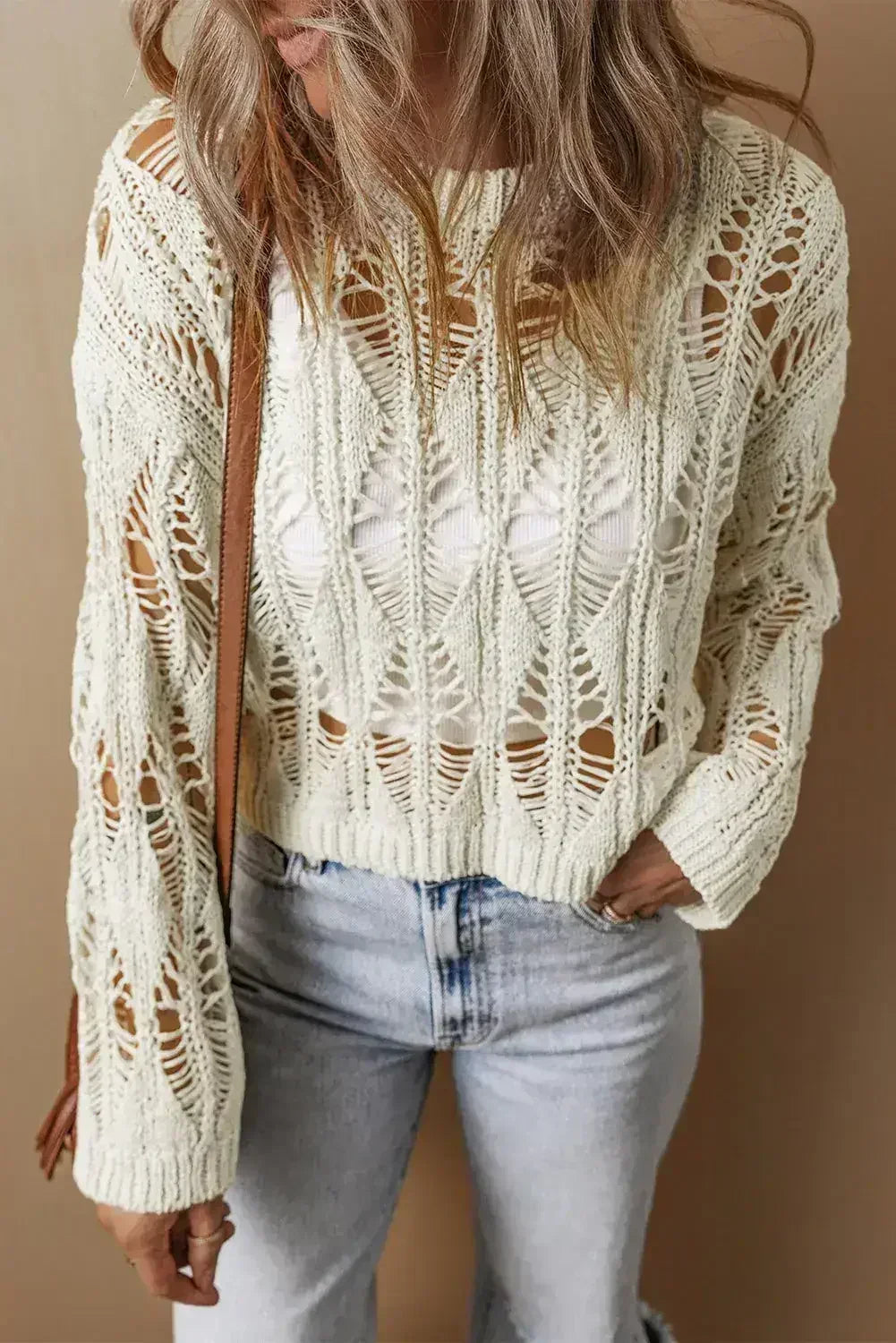 White Crochet Crew Neck Sweater - Loose Fit & High Elasticity | Femstylo - Femstylo