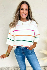 White Striped Half Sleeve Drop Shoulder Sweater - Femstylo