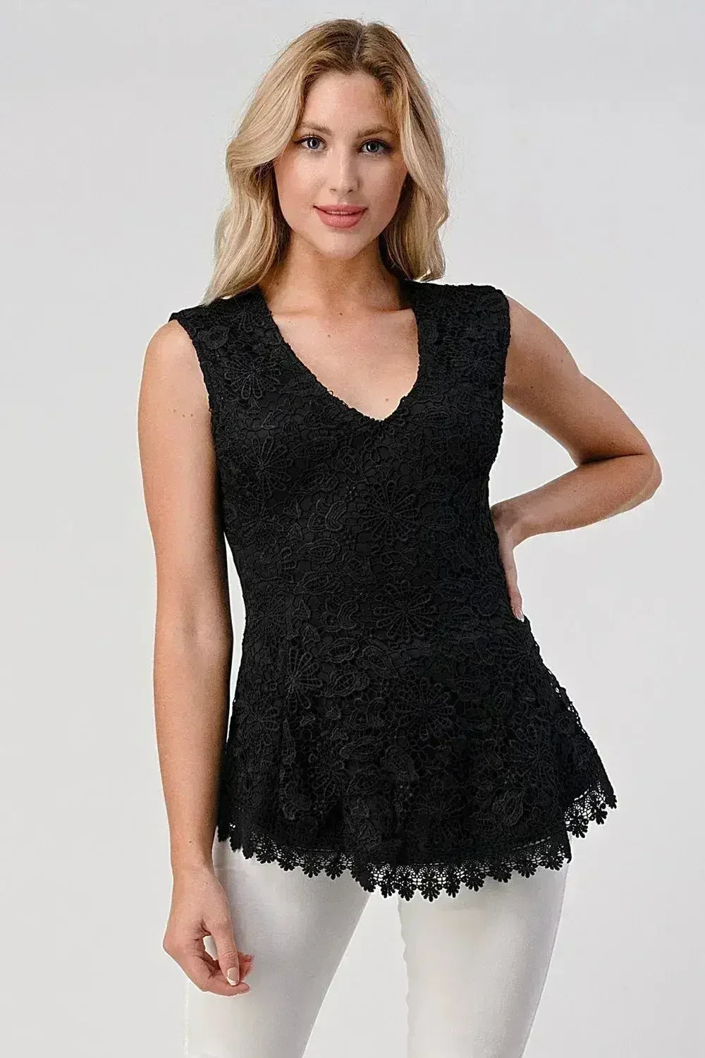 Sleeveless V-Neck Lace Peplum Top - Femstylo