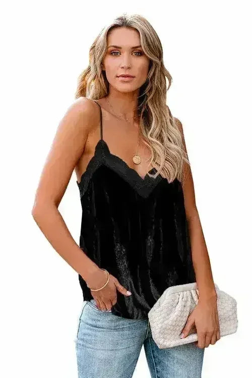 Luxury Lacy V Neck Spaghetti Straps Velvet Tank - Femstylo