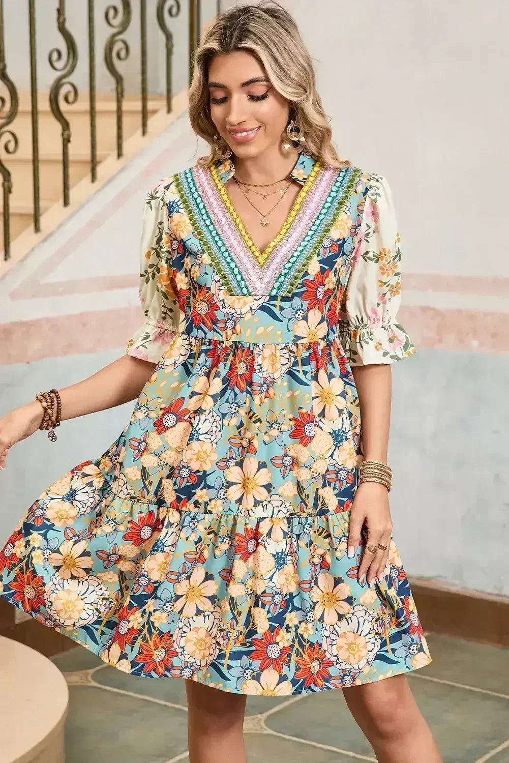 Multicolor Allover Floral Print Tiered Pop of Color Neckline Dress - Femstylo