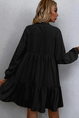 Black Tie Split Neck Smocked Detail Puff Sleeve Ruffle Hem Loose Dress