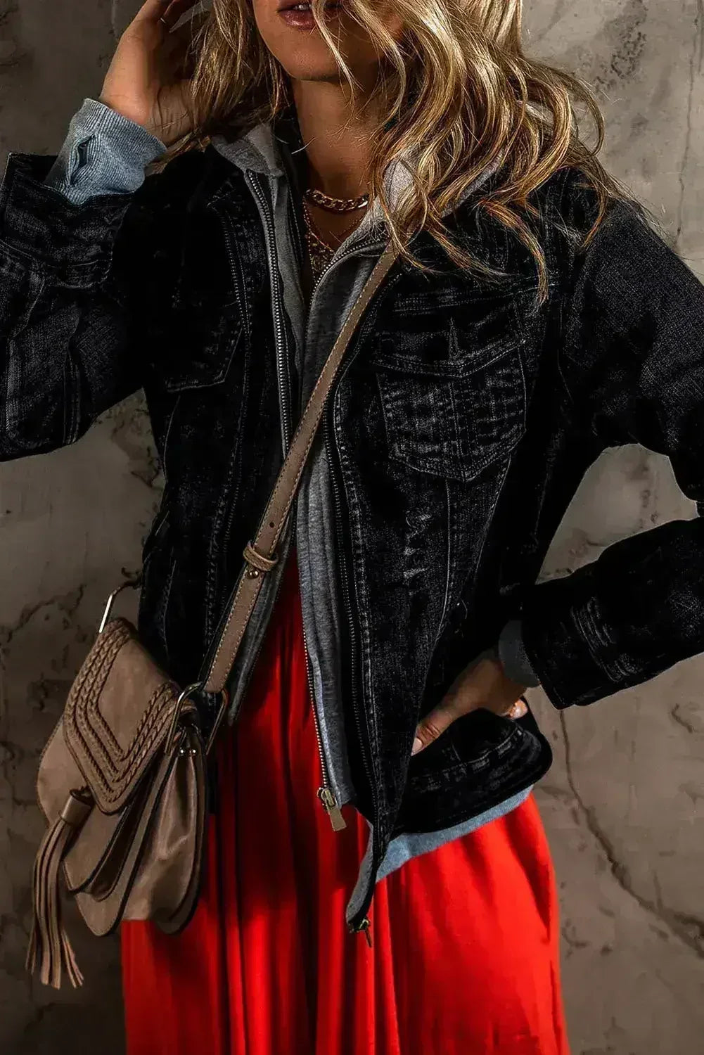 Black Fake Two-Piece Hooded Zip-Up Denim Jacket - Femstylo