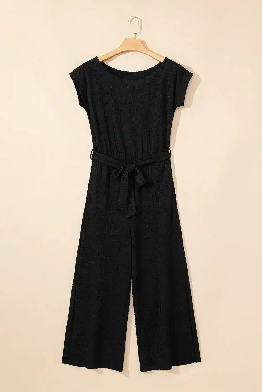 Black Checkered Mesh One Shoulder Short Sleeve Knotted Waist Jumpsuit - Femstylo