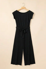 Black Checkered Mesh One Shoulder Short Sleeve Knotted Waist Jumpsuit - Femstylo