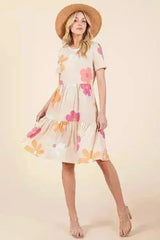 Floral Tiered Summer Dress - Round Neck Short Sleeve | BOMBOM - Femstylo