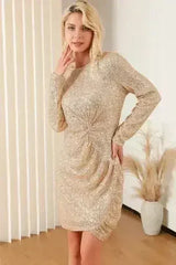 Twisted Long Sleeve Ruched Mini Sequin Dress - Femstylo