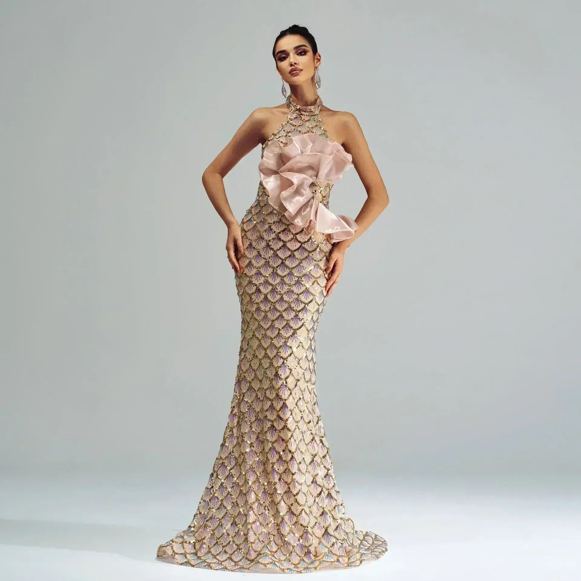 “Champagne Glam” Halter Mermaid Dress – Luxury for Elite Occasions - Femstylo