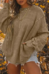 Khaki Exposed Seam Twist Open Back Oversized Sweatshirt - Femstylo