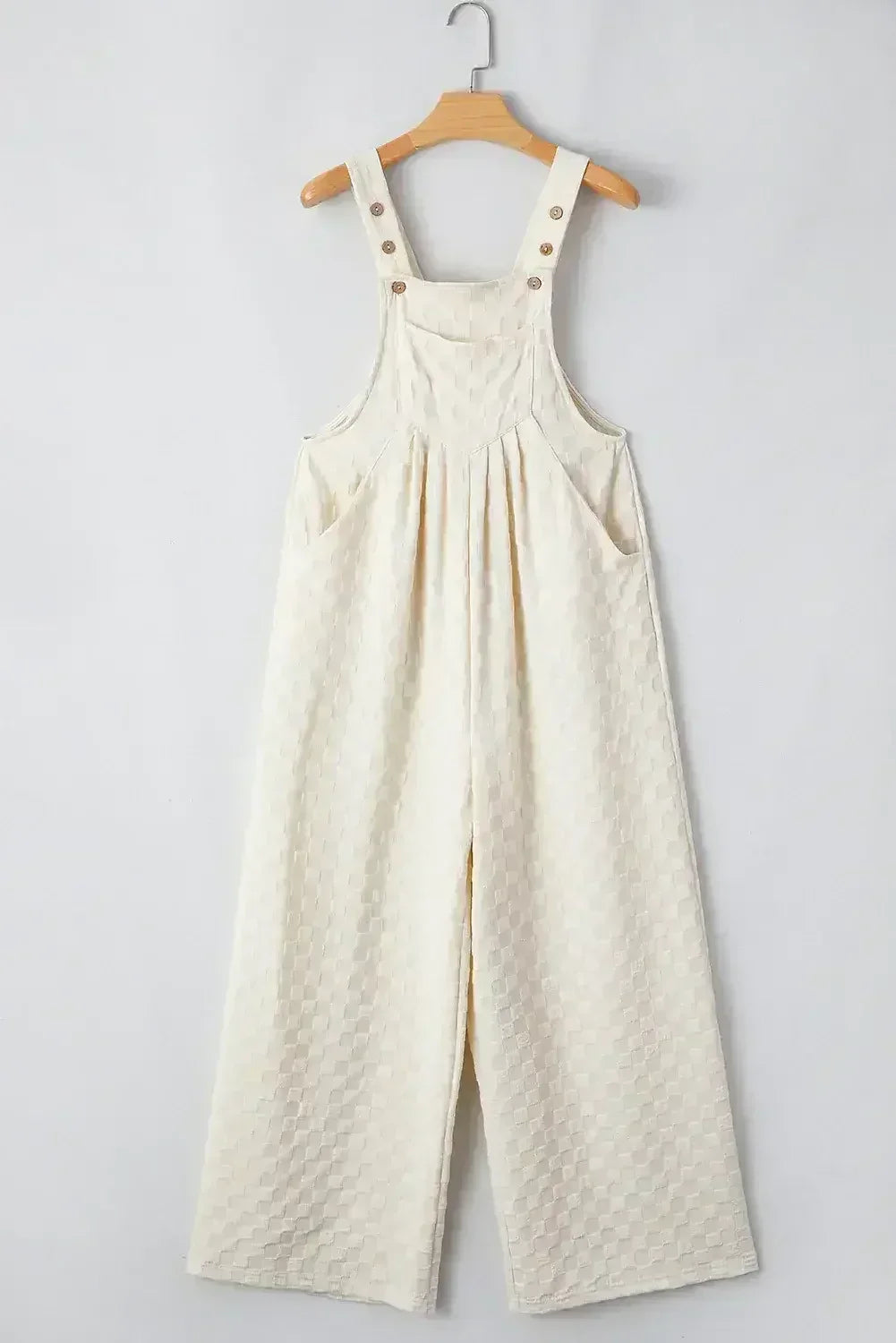 Beige Checkered Pocket High Waist Wide Leg Overall - Femstylo