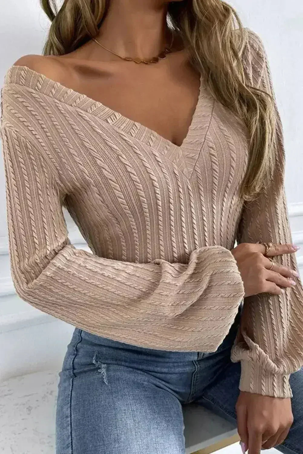 Knitted Jacquard V-Neck Top - Lantern Sleeve Blouse | Femstylo - Femstylo