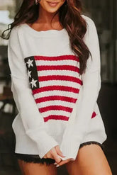 White American Flag Cable Knit Drop Shoulder Sweater - Femstylo