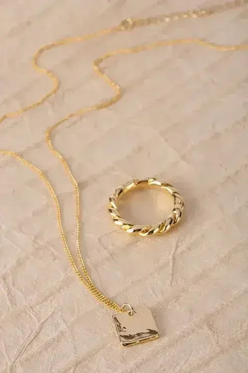 Gold Twisted Ring & Square Pendant Necklace Set - Nickel-Free - Femstylo