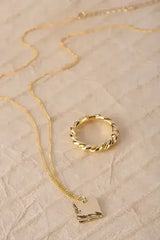 Gold Twisted Ring & Square Pendant Necklace Set - Nickel-Free - Femstylo