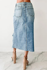 Myosotis Irregular Distressed Hem Denim Midi Skirt - Femstylo