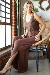 First Love Tie Back Sleeveless Slit Wide Leg Jumpsuit - Femstylo