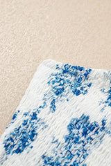 Sky Blue Floral Print Smocked Knot Shoulder Sleeveless Midi Dress - Femstylo